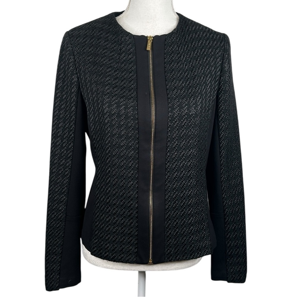 Calvin Klein Black Tweed Houndstooth Gold Zip Down Minimalist Jacket Size 8